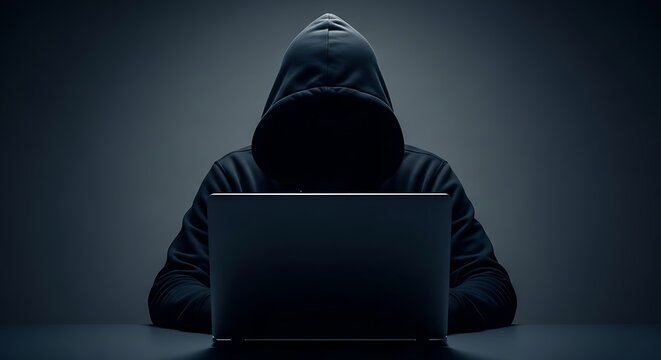 A hooded figure sitting in the dark with a laptop computer on a table in front of them with their face obscured by shadows and hood