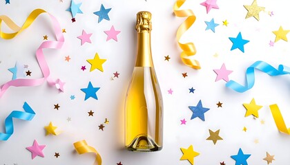 Golden Champagne Bottle Surrounded by Colorful Confetti and Ribbons.
