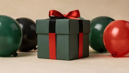 Festive Gift Box Surrounded by Colorful Balloons