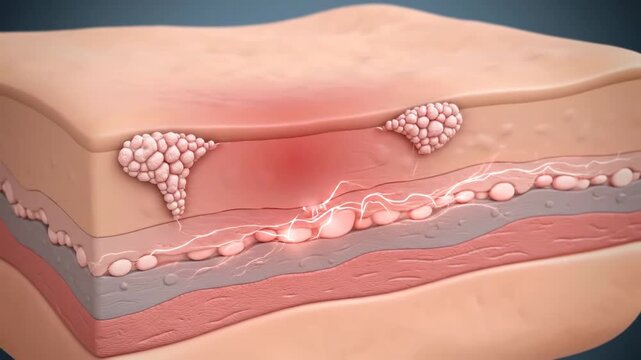 This 3D medical animation illustrates skin inflammation, nerve stimulation, and the development of abnormal skin lesions.