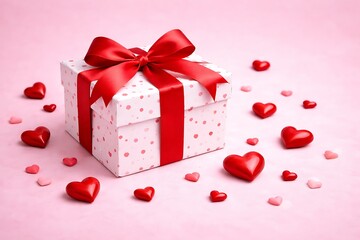 Pink gift box wrapped red ribbon bow with red hearts and confetti on pastel pink background. St Valentines Day holiday concept. happy Valentine's day.