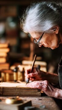 A Skilled Artisan Engaged in the Intricate Process of Bookbinding, Showcasing Craftsmanship and Passion for Traditional Techniques in a Rustic Workshop Environment