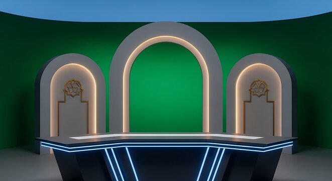 Islamic Virtual News Studio with Green Screen and Futuristic Desk