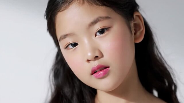 A young person's face with bright pink lipstick and soft blush on cheeks