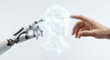 Human and Robot Hands Touching Glowing Digital AI Face Representing Future Collaboration and Technological Innovation