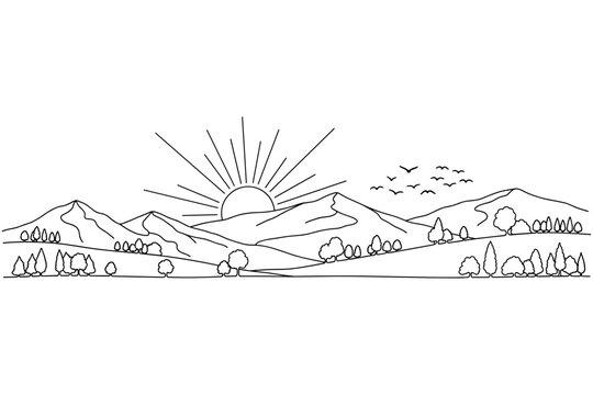 Beautiful minimalist line art illustration of a serene mountain landscape with the sun rising over the peaks, birds flying overhead, and trees dotting the foreground
