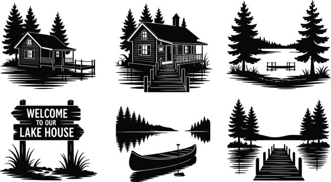 Collection of lakeside summer cabin and outdoor nature landscapes with water reflection silhouettes vector