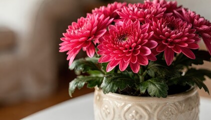 Vibrant Pink Chrysanthemums in Elegant Pot