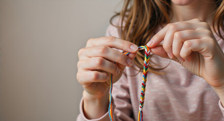 Close up of woman hands braiding colorful friendship bracelet. Making handmade accessory with rainbow threads. DIY craft hobby concept with copy space