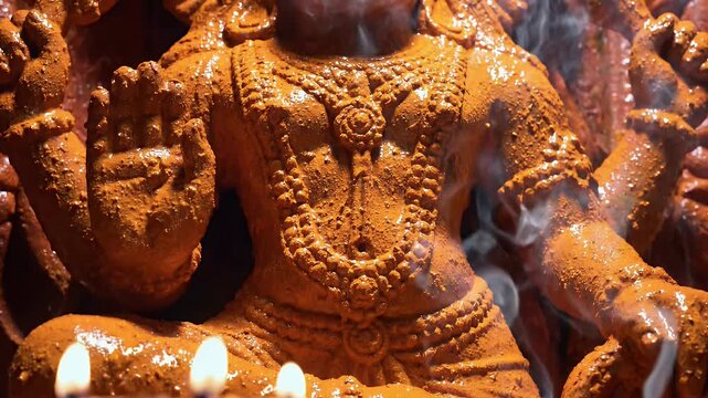Hanuman Statue Close Up Covered in Orange Sindoor Vermillion Hanuman Jayanti