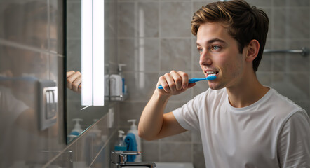Young man brushing his teeth in front of a bathroom mirror. Personal dental hygiene and morning routine concept. Caucasian male in white t-shirt using a blue toothbrush for oral care