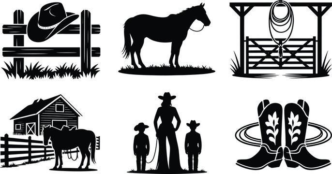 Cowboy lifestyle set: hat on fence, horse, stable, ranch, woman with kids, cowboy boots