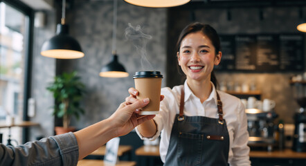 Smiling Asian female barista serving hot coffee in a paper cup. Friendly woman worker handing takeaway drink to customer in a modern cafe. Hospitality and service concept