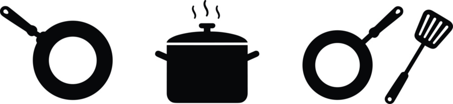 Kitchen cookware icons showing frying pan cooking pot spatula utensils silhouettes for food preparation illustration design set collection.