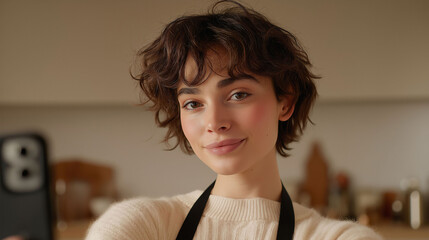 A beautiful woman with short, curly brown hair, wearing a white sweater and an apron, smiles at her phone camera in her kitchen.