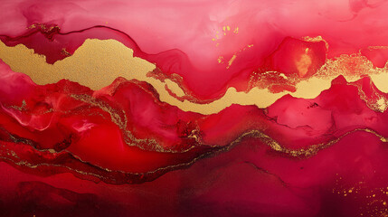 A red and gold painting with a gold line that is flowing through the red