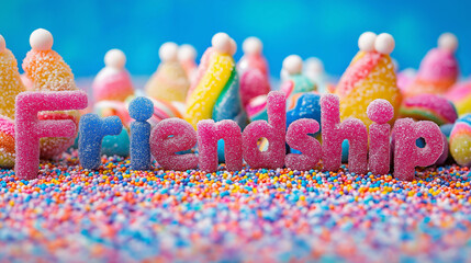 The word "friendship" written in sugary gummies surrounded by sprinkles and more gummies.