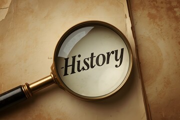 Old magnifying glass on word history. Old magnifying glass enlarged word history