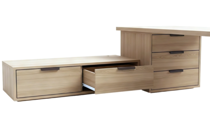 Modern Light Wood Desk with Drawers and Open Drawer