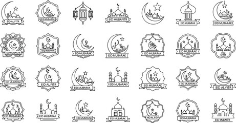 Eid Mubarak greetings and Islamic symbols in outline badges © Mofajjol