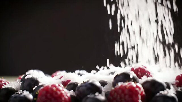 Fresh berries with sugar pouring down against a dark background