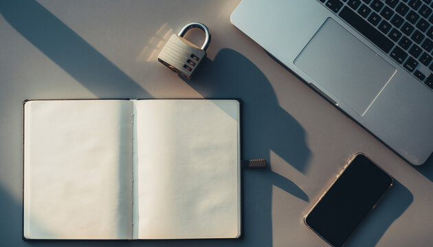 Secured digital workflow concept with open notebook, laptop, smartphone and padlock