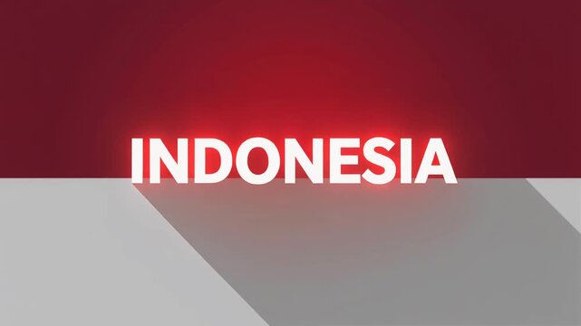 Indonesia text overlay with soft glow on national flag background. Clean 2D flat graphic typography for patriotic, travel, and Southeast Asian cultural content.