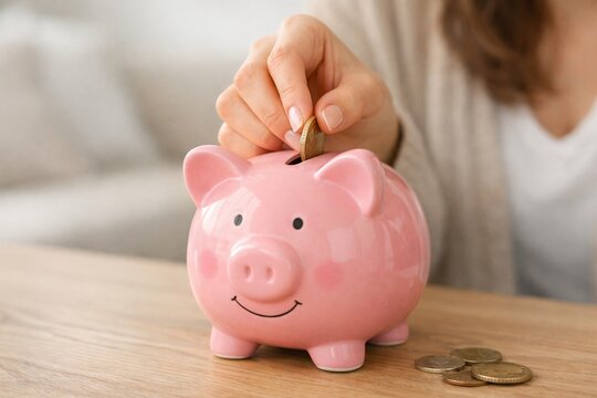ブタの貯金箱にお金を入れる