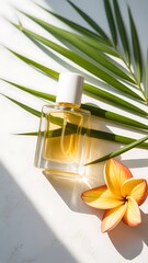 Cosmetic essential oil bottle with tropical leaf shadow on a clean background for natural skincare and wellness branding concept
