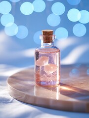 Small glass cosmetic bottle on a bright bokeh background with soft reflections for skincare serum product advertising concept
