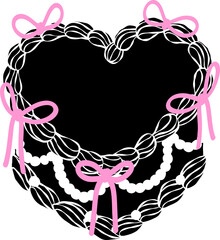 Coquette Vintage black heart cake with pearls white and pink ribbon bow