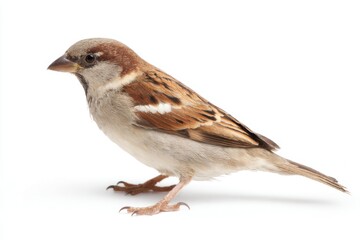 Small brown bird stands on a white surface looking to the side with feathers showing different patterns and colors in daylight