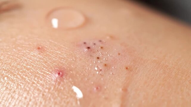 Clear liquid droplet on skin with pimple