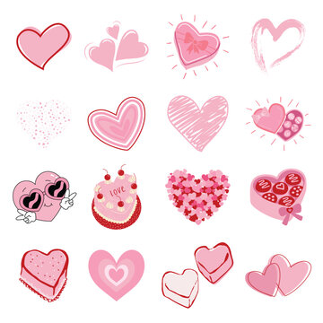 Hand drawn love doodle set. Vector pink scribble hearts and cakes for Valentine's Day scrapbook decoration element