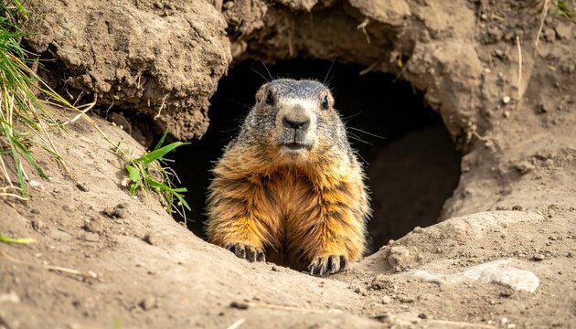 Groundhog Day concept. Cute groundhog emerging from burrow, early spring prediction theme