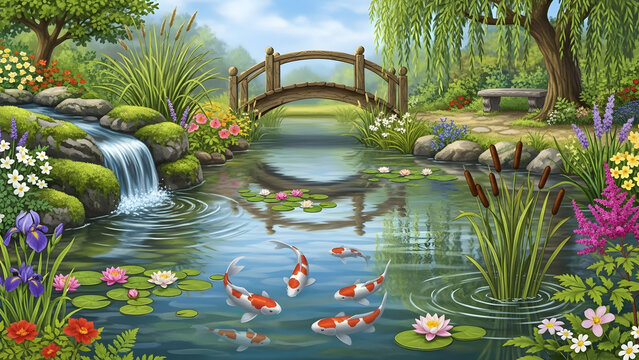 A peaceful landscape featuring a serene pond with koi fish