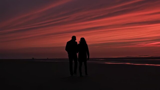 Two silhouetted figures stroll on a beach as the sunset paints the sky