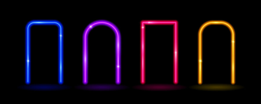 Glow neon rectangle and arch frames. Colorful shining flare borders. Glowing portal concept. Futuristic rectangular and curved arc doors. Vector illuminated elements for poster, banner, brochure