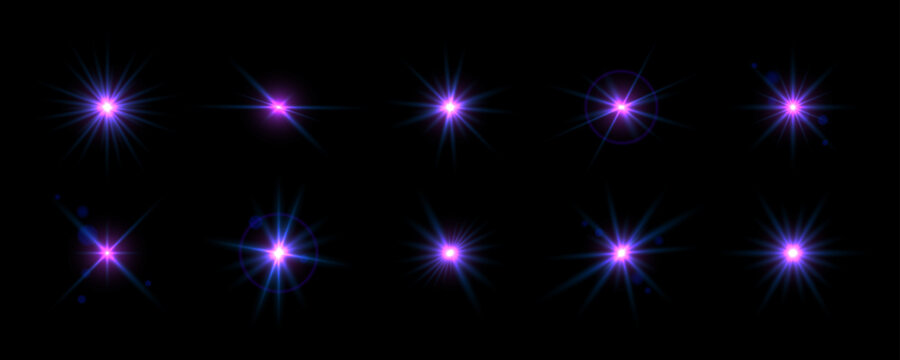 Purple iridescent glowing sparkling set. Magical stars, twinkles or sparks glowing pack. Shining light flare effect collection. Starlight rays radiance elements. Vector beam or cold star bursts bundle