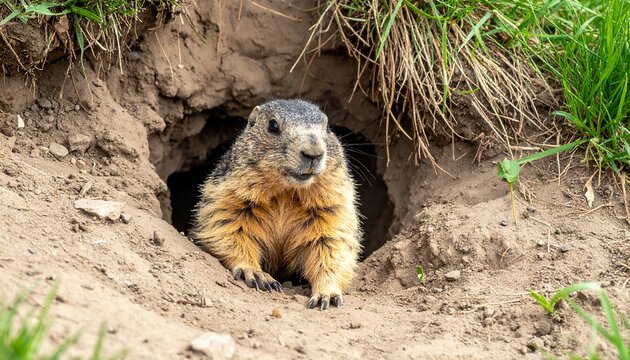 Groundhog Day concept. Cute groundhog emerging from burrow, early spring prediction theme