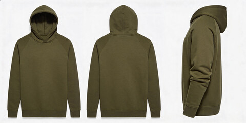 A green hoodie displayed from multiple angles on a white background