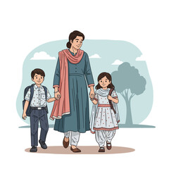 Fototapeta premium A mother or guardian walking two young children, a boy and a girl, dressed in school uniforms and carrying backpacks, along an outdoor path.