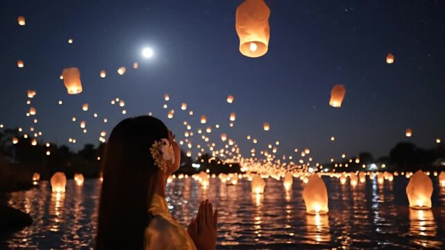A Beautiful Young Woman in Traditional Thai Dress Releases a Sky Lantern During Yi Peng Festival