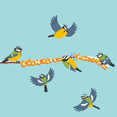 Obraz premium vector drawing birds, blue tit at sea buckthorn branch with berries and snow in winter, hand drawn wildlife illustration