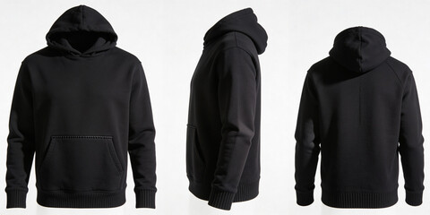 A black hoodie displayed from the front, side, and back on a white background