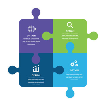 4 Piece Jigsaw Puzzle Business Infographic with Color Coded Strategic Icons and Interconnected Options