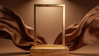A gold picture frame on a wooden pedestal with brown fabric