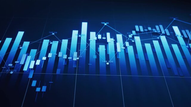 Abstract digital background with dynamic moving blue financial graphs and candlestick charts analyzing global stock market data