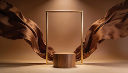 A minimalist gold frame and wooden cylinder on a beige background with flowing brown fabric
