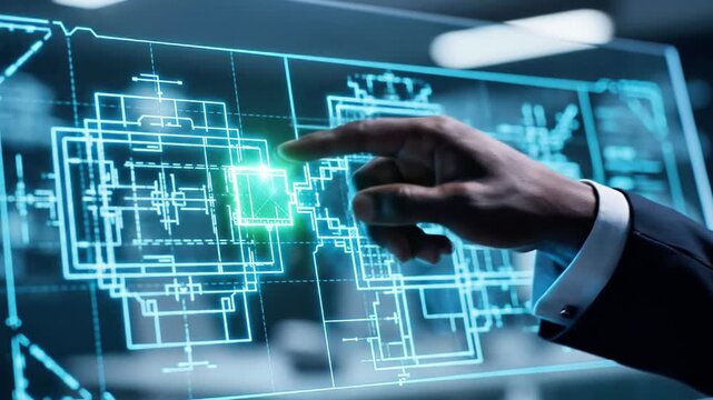 A suited hand pointing at a futuristic blue glowing technical blueprint or schematic on a transparent screen